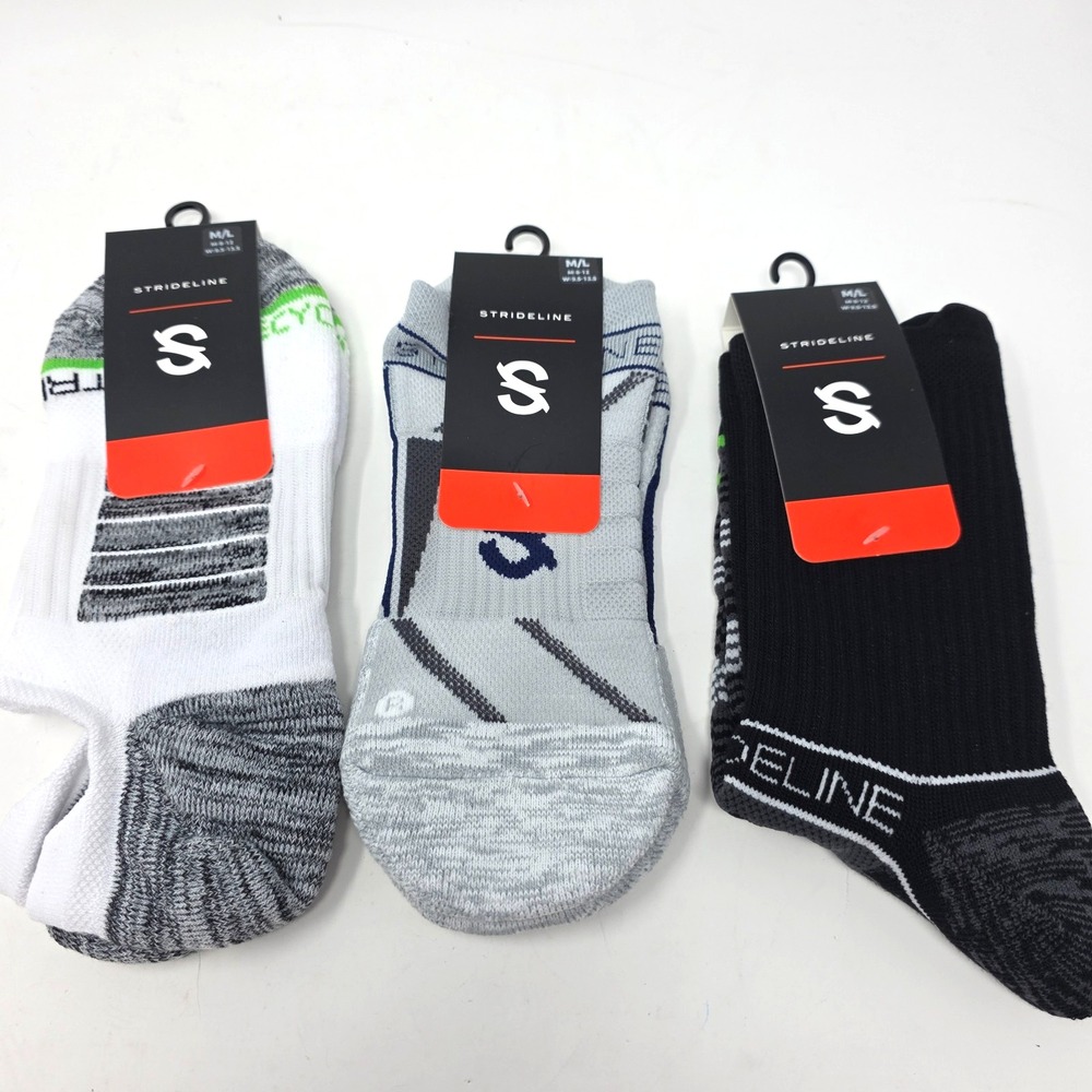 Strideline Performance Crew Socks Lot 3 Men M/L 8-12 Gray Black White NWT‎